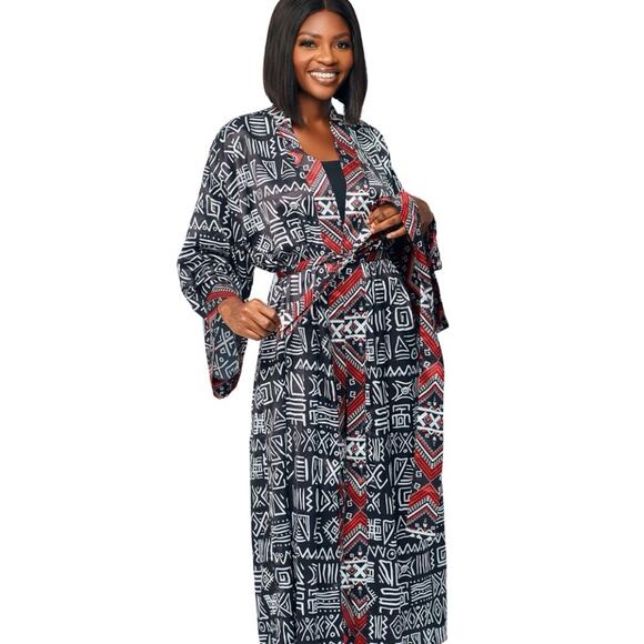Amania-Afrik Other - Amania Afrik Long Satin Robe Size S-L Black White Monaco African Print Pockets
